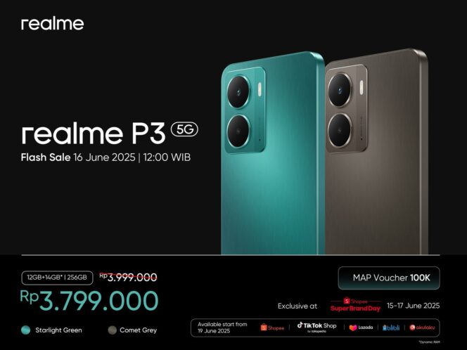 
					kolaborasi spesial dengan Shopee saat Shopee Brand Day (16–18 Juni 2025), realme P3 5G akan tersedia dengan harga spesial Rp3.799.000.